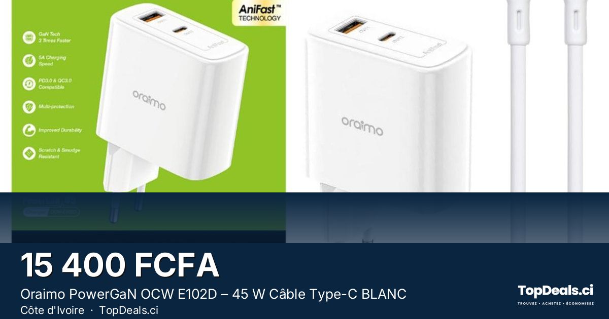 Aperçu du partage – Oraimo PowerGaN OCW E102D – 45 W Câble Type-C BLANC