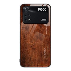 Coque de protection en verre à grain de bois pour Xiaomi Poco M4 Pro 4G (Brun Foncé)