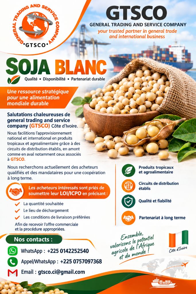Soja blanc recherche d'acheteurs qualifiés campagne Côte d'Ivoire 