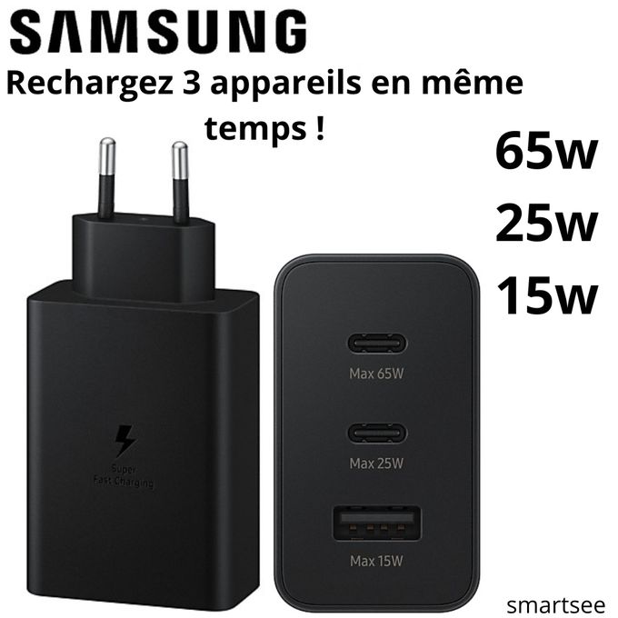 Samsung Boitier De Charge Rapide Original 2 Ports USB-C, Port USB-A- 65w,25w,15w Noir Sans Câb
