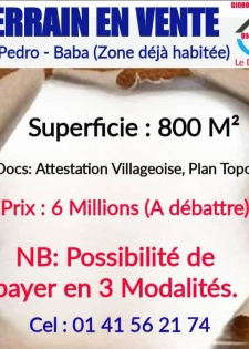 TERRAIN EN VENTE - SAN PEDRO : BABA